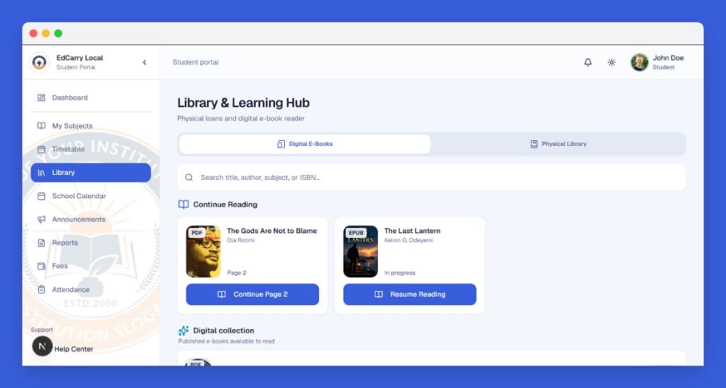 EdCarry student Library and Learning Hub with digital e-books